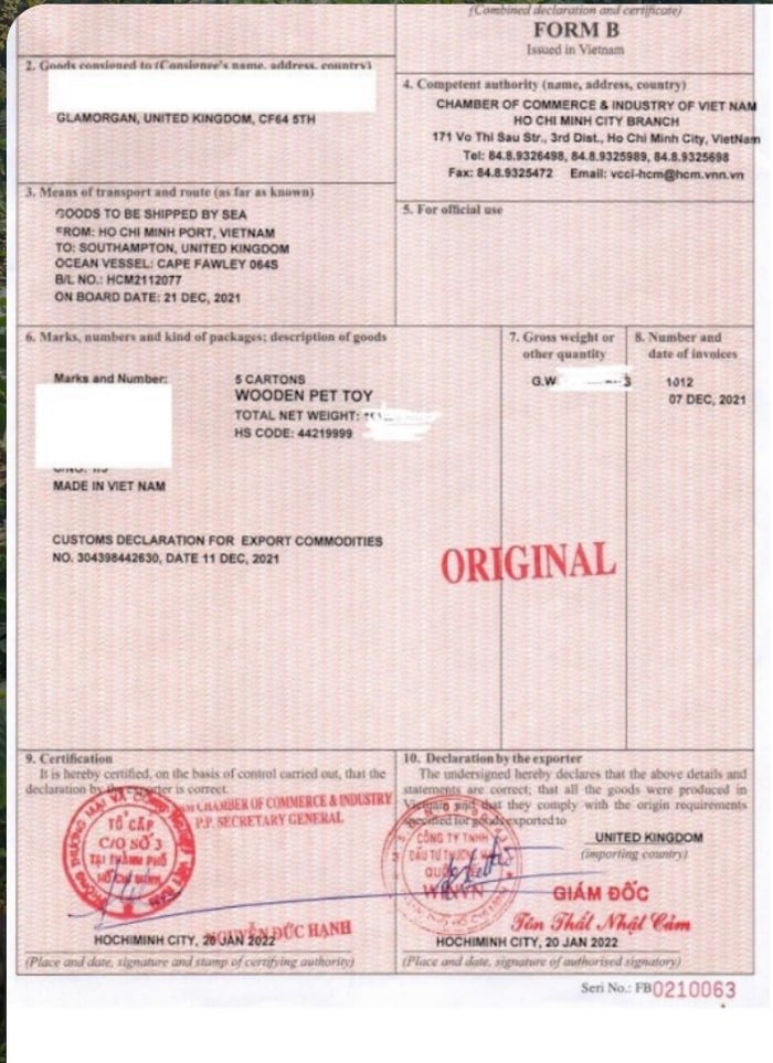 Certificate of Origin (CO), Form B, issued by VCCI Ho Chi Minh City
