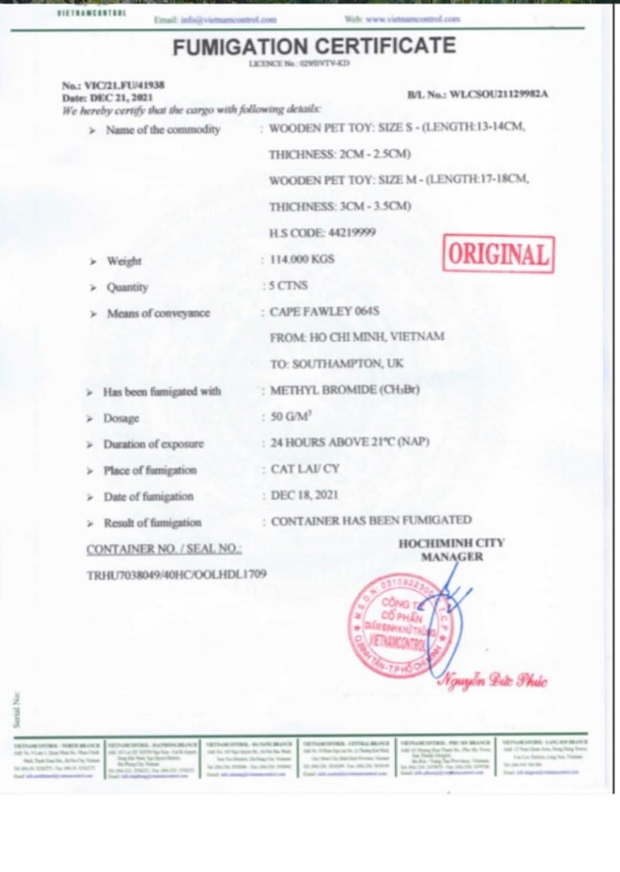 Fumigation Certificate, Methyl Bromide treatment