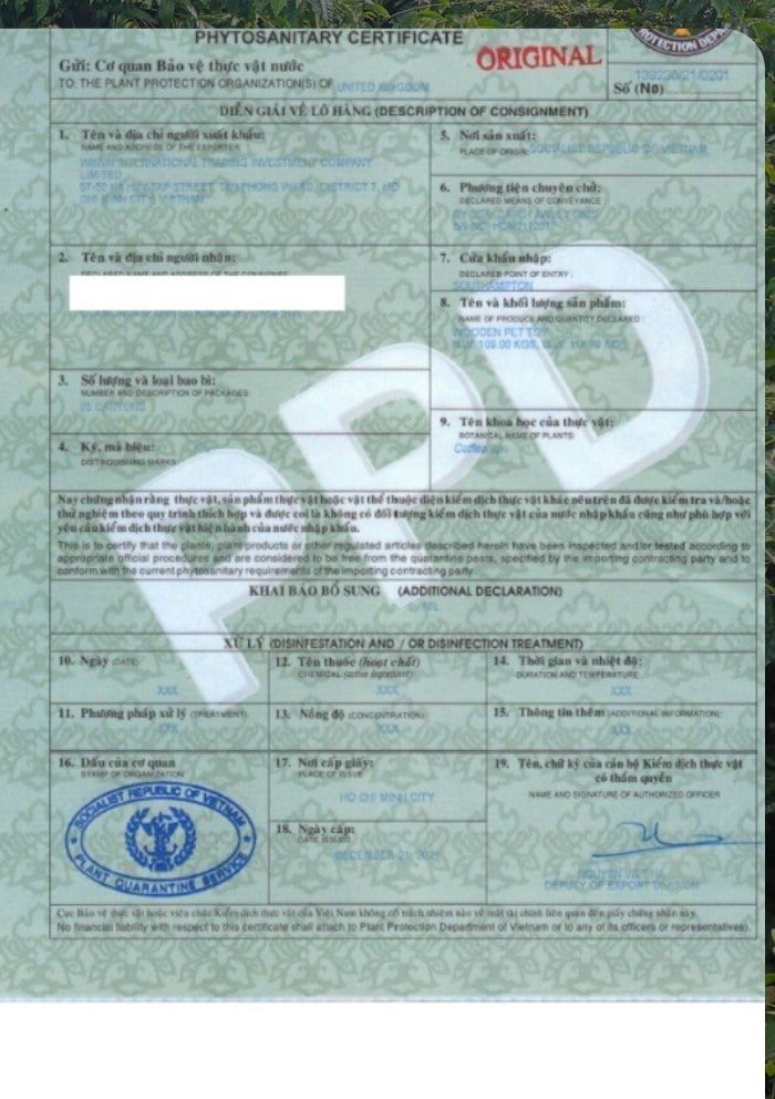 Phytosanitary Certificate from Vietnam's Plant Protection Department