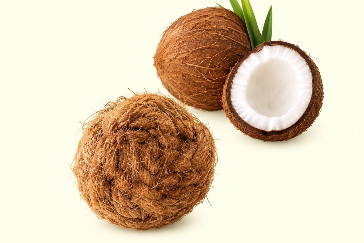 Whole coconut, husk, and coir fiber ball