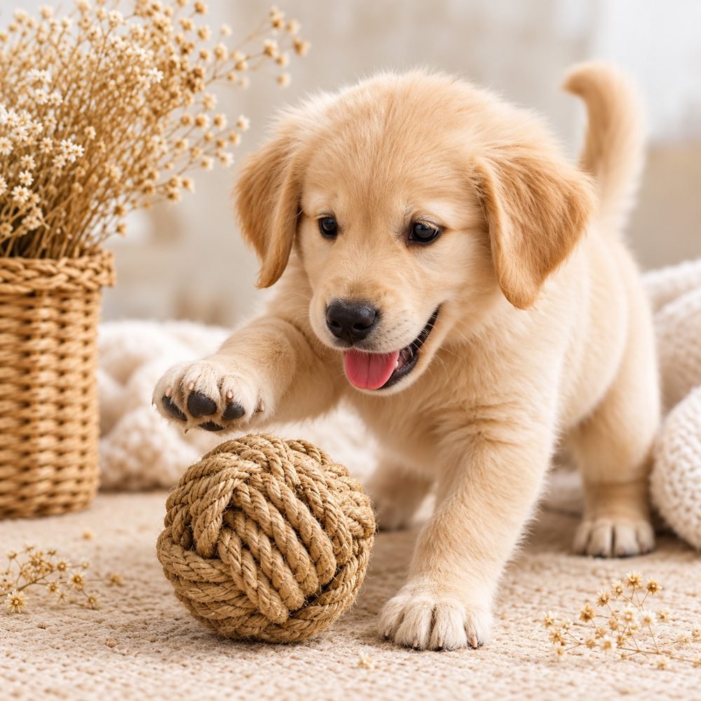 Puppy playing with a knotted hemp rope ball toy
