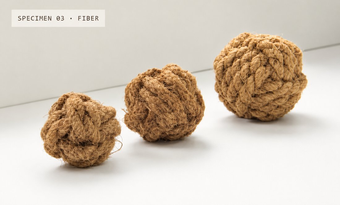 Coconut coir balls, hand-braided in three sizes
