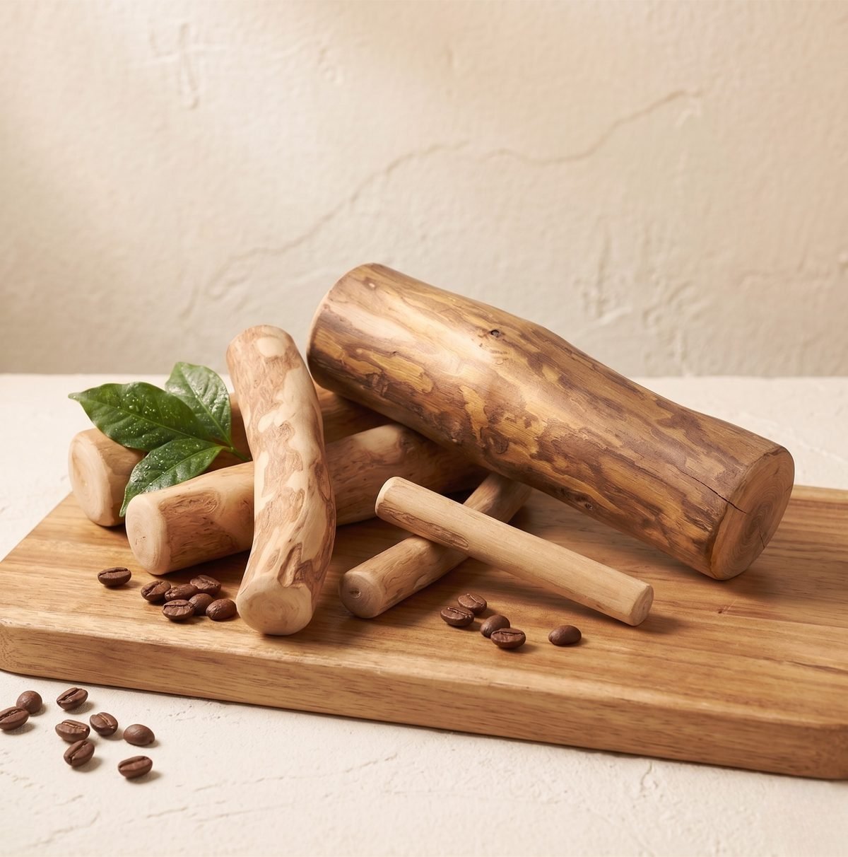 Stacked coffee wood chews, raw and vacuum-packed