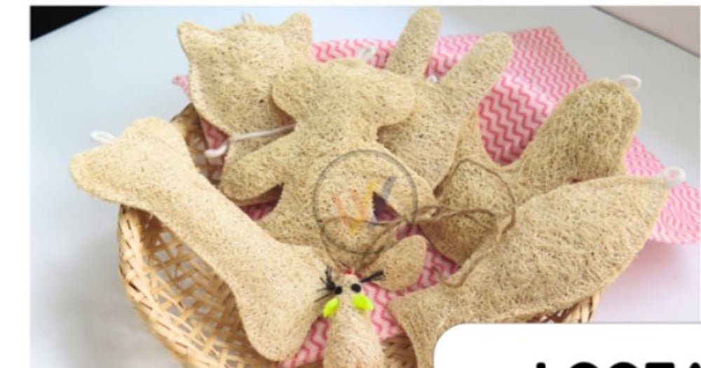 Loofah toys shaped as a bone, cat, and mouse in a basket