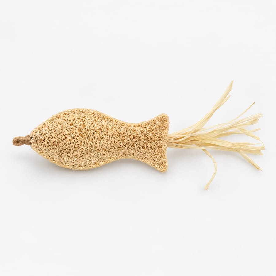 Loofah fish-shaped cat toy with raffia tail