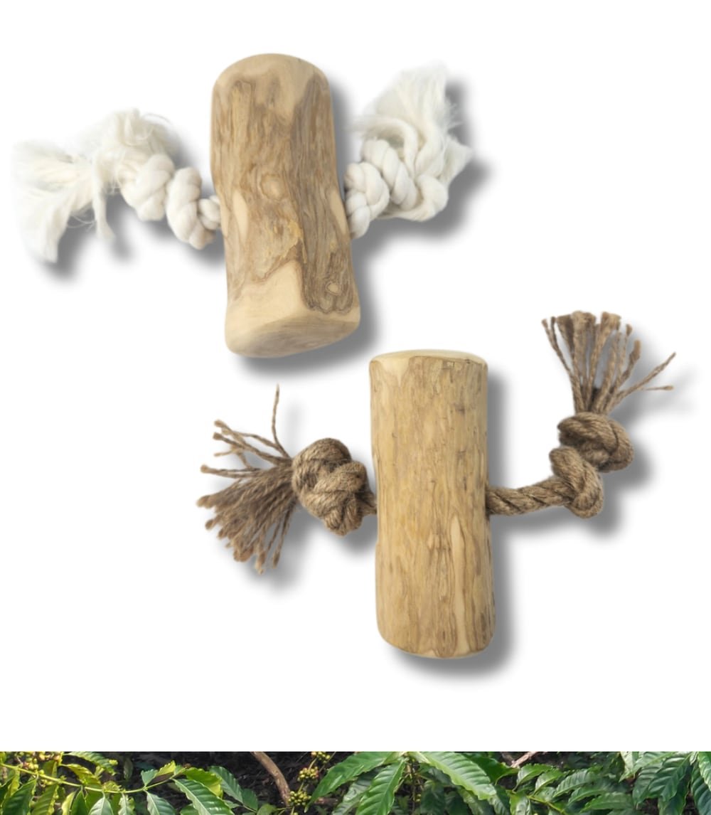 Coffee wood chew with cotton and hemp rope ends