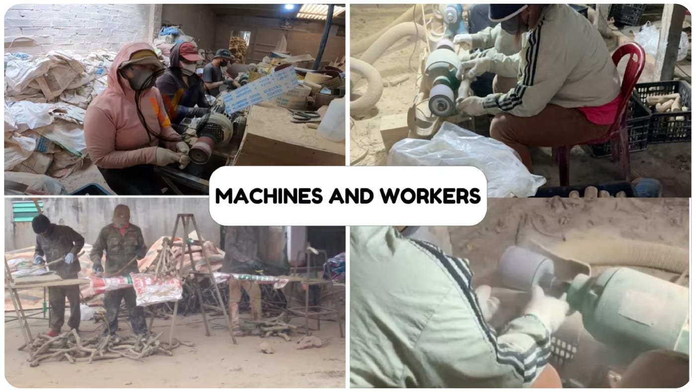 Workers cutting and sanding coffee wood at the WINVN factory