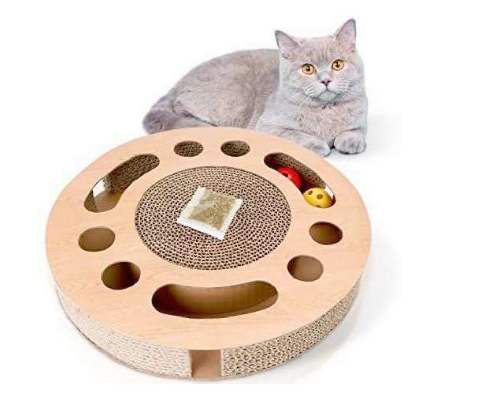 Round cardboard cat scratcher with built-in rattle balls