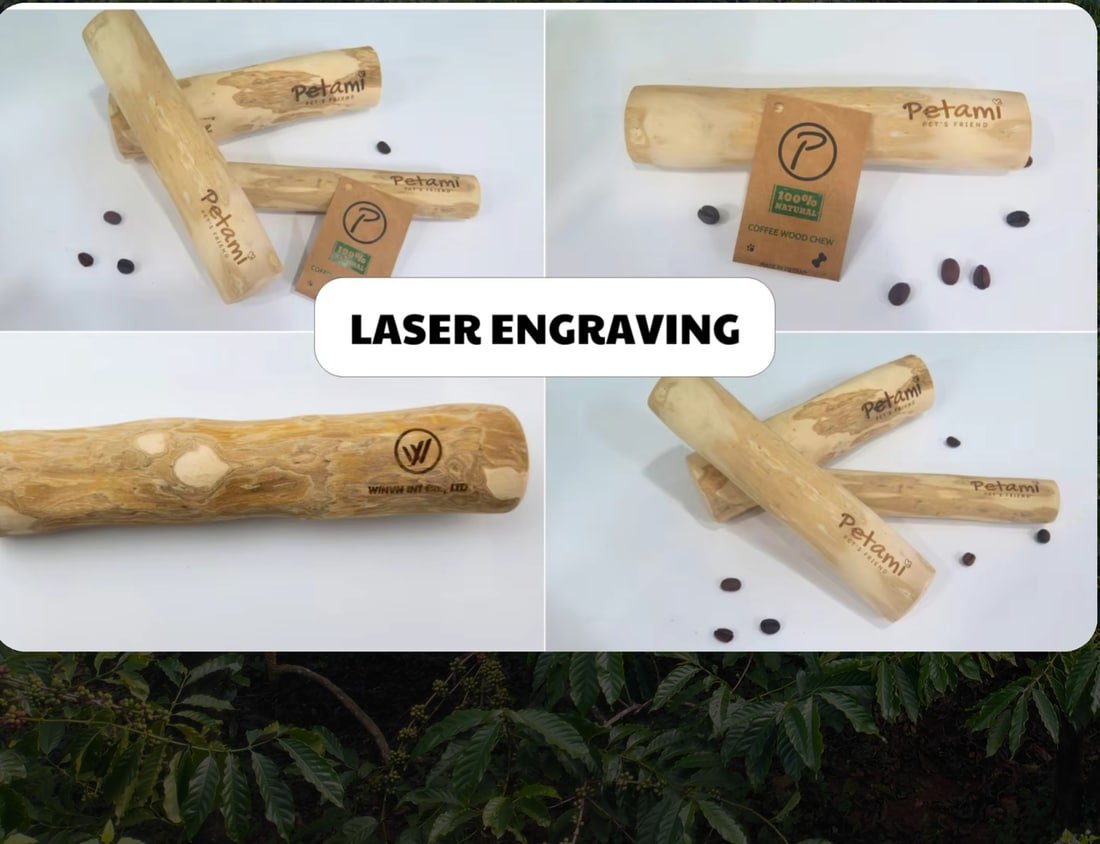 Laser-engraved logo on coffee wood chews