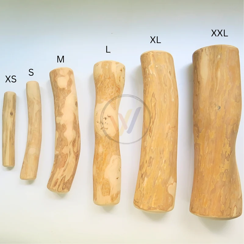 Coffee wood chews in six catalog sizes, XS to XXL