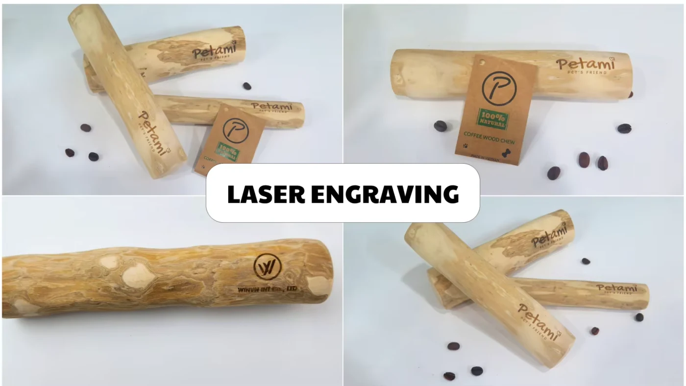 Laser-engraved logo on coffee wood chews