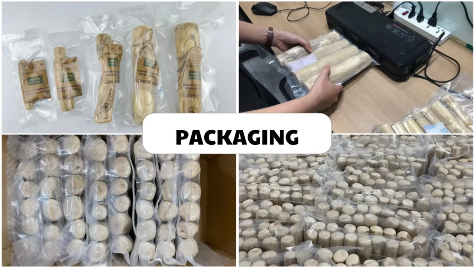 Vacuum-sealed coffee wood chews, individually and in bulk